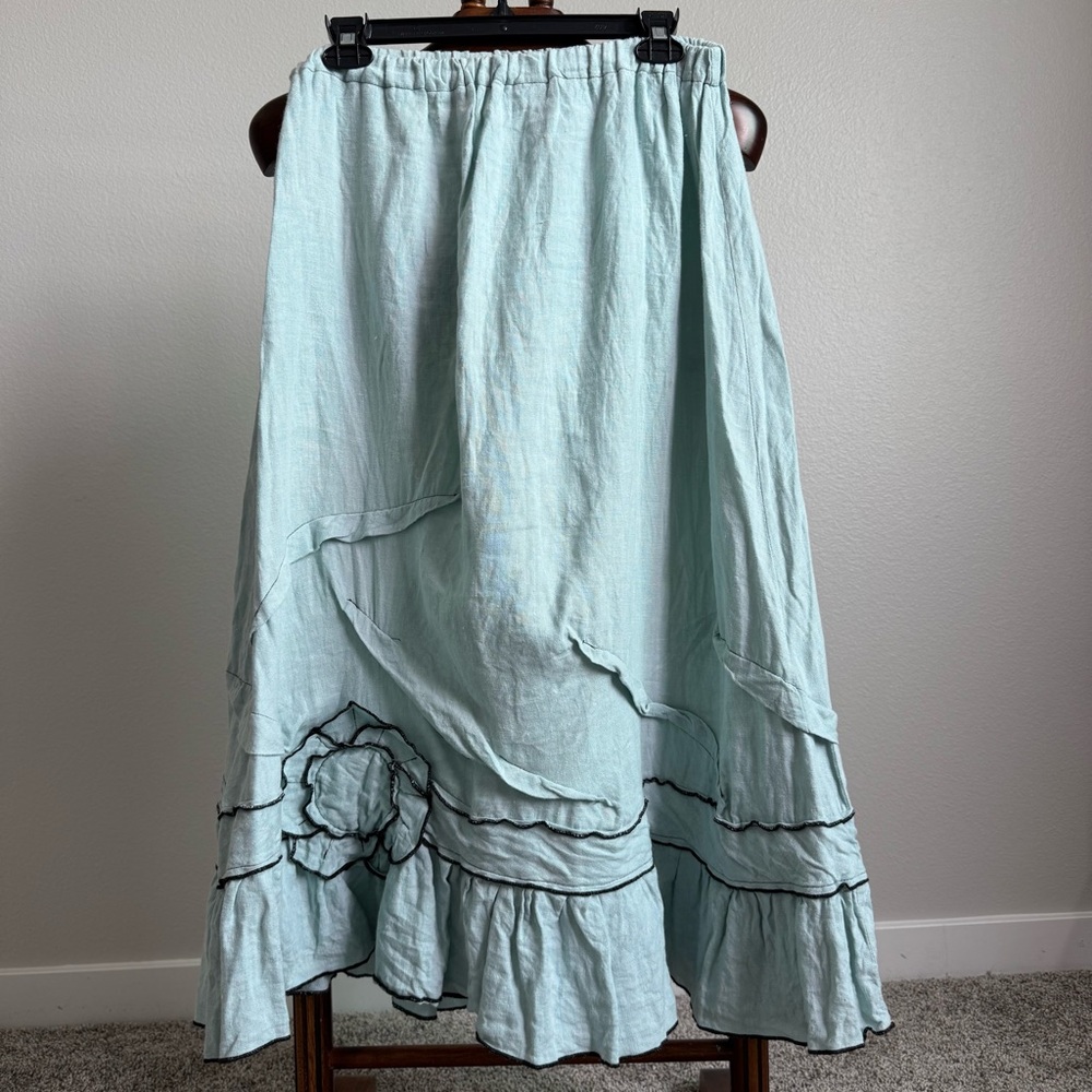 Sarah Clemens Linen Skirt 3D flower Blue Ruffle Hem Lagenlook Boho Size L